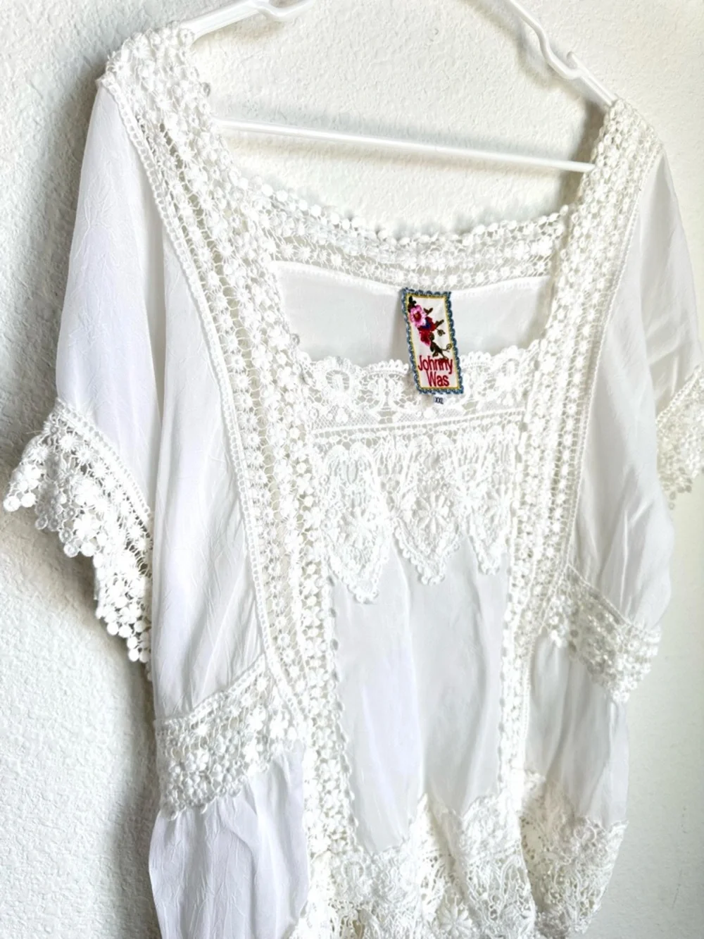 Johnny Was Lacey Insert Top XXL 2XL Cream Crochet Scalloped Hem Boho Blouse - Picture 3 of 12